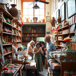 A vibrant and bustling shop filled with colorful items, including handmade crafts, toys, and food products