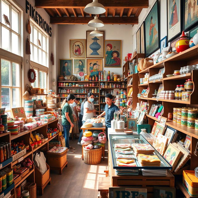 A vibrant and bustling shop filled with colorful items, including handmade crafts, toys, and food products