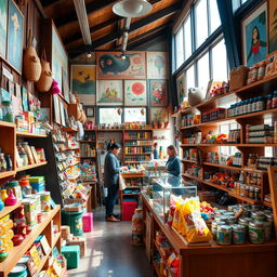 A vibrant and bustling shop filled with colorful items, including handmade crafts, toys, and food products