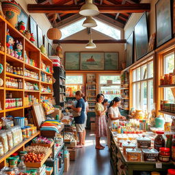 A vibrant and bustling shop filled with colorful items, including handmade crafts, toys, and food products