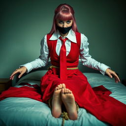 A young woman with long pink hair styled neatly, dressed in a long-sleeved white shirt, a long red skirt, a red tie, and a red vest