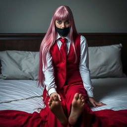 A young woman with long pink hair styled neatly, dressed in a long-sleeved white shirt, a long red skirt, a red tie, and a red vest