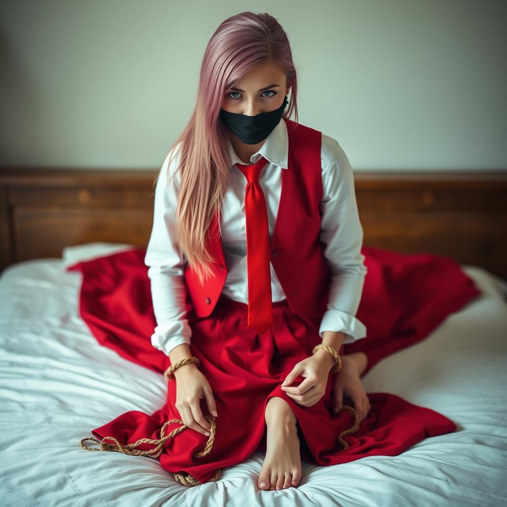 A young woman with long pink hair styled neatly, dressed in a long-sleeved white shirt, a long red skirt, a red tie, and a red vest