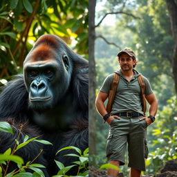 A striking side-by-side image showcasing a majestic gorilla and a human