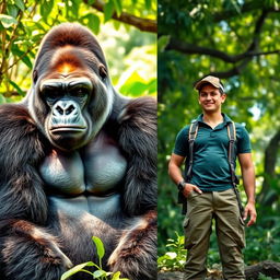 A striking side-by-side image showcasing a majestic gorilla and a human