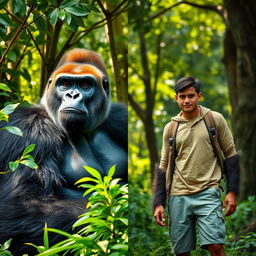 A striking side-by-side image showcasing a majestic gorilla and a human