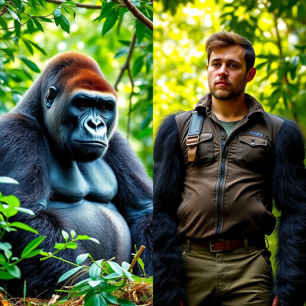 A striking side-by-side image showcasing a majestic gorilla and a human
