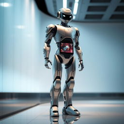 A futuristic robot standing upright in a sleek, modern environment, displaying a digital screen on its chest