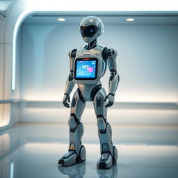 A futuristic robot standing upright in a sleek, modern environment, displaying a digital screen on its chest