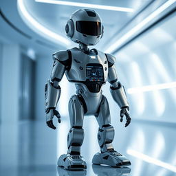 A futuristic robot standing upright in a sleek, modern environment, displaying a digital screen on its chest