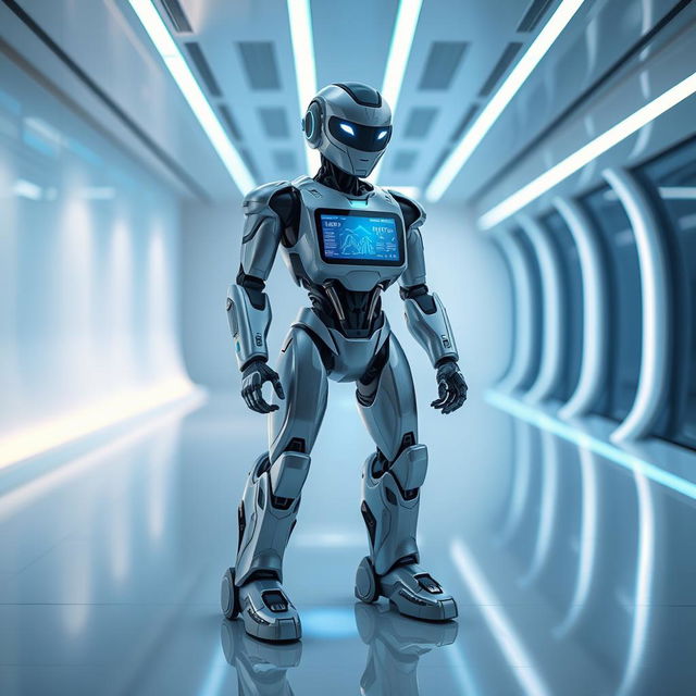 A futuristic robot standing upright in a sleek, modern environment, displaying a digital screen on its chest