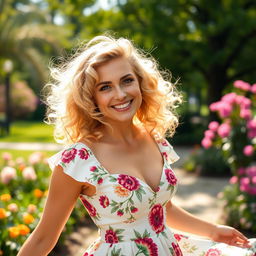 A beautiful blonde woman with curly hair, radiating confidence and charm