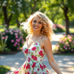 A beautiful blonde woman with curly hair, radiating confidence and charm
