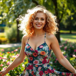 A beautiful blonde woman with curly hair, radiating confidence and charm