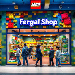 A vibrant and whimsical LEGO store named 'Fergal Shop'