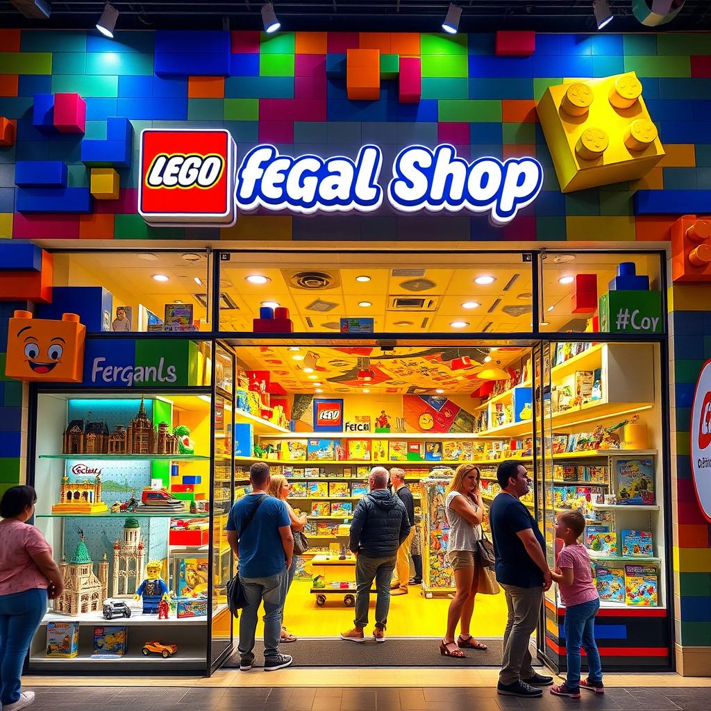 A vibrant and whimsical LEGO store named 'Fergal Shop'