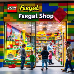 A vibrant and whimsical LEGO store named 'Fergal Shop'