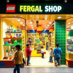 A vibrant and whimsical LEGO store named 'Fergal Shop'