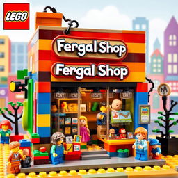 A whimsical LEGO-style shop called 'Fergal Shop', featuring colorful LEGO bricks in varying sizes, with a charming storefront displaying a variety of unique products such as toys, books, and games