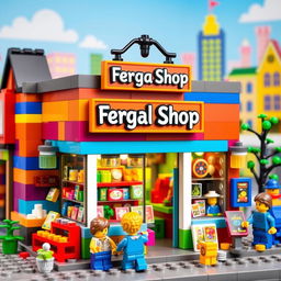 A whimsical LEGO-style shop called 'Fergal Shop', featuring colorful LEGO bricks in varying sizes, with a charming storefront displaying a variety of unique products such as toys, books, and games