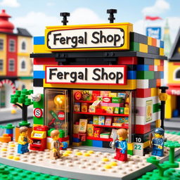 A whimsical LEGO-style shop called 'Fergal Shop', featuring colorful LEGO bricks in varying sizes, with a charming storefront displaying a variety of unique products such as toys, books, and games