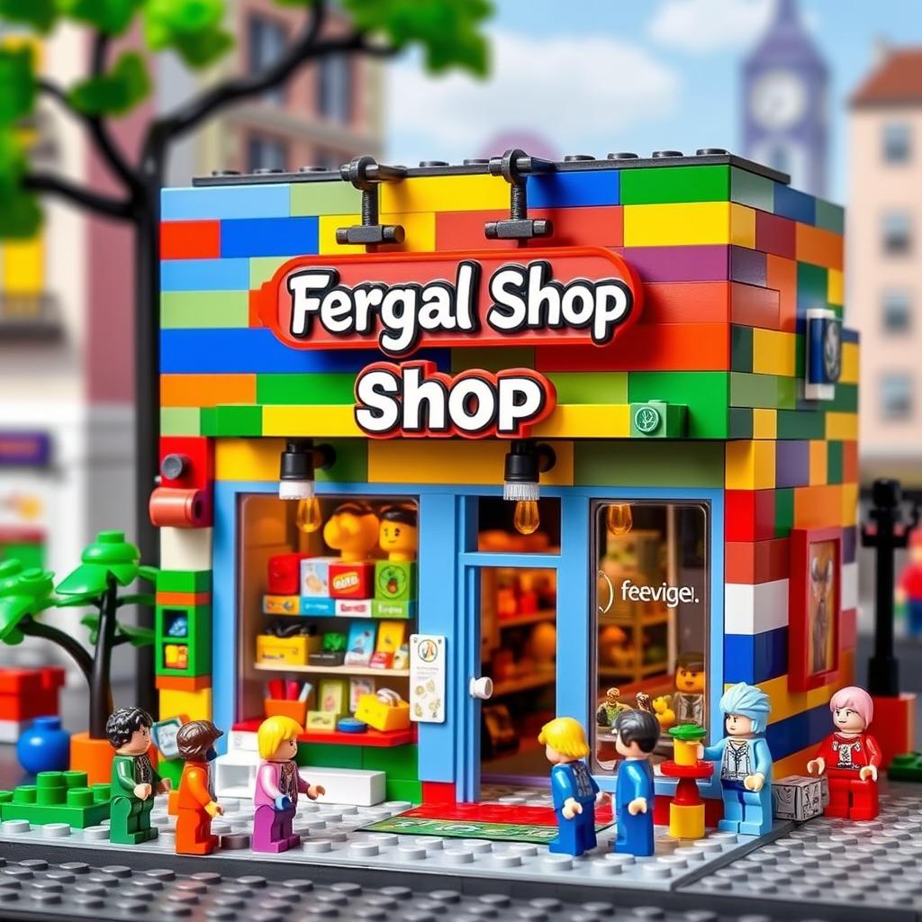 A whimsical LEGO-style shop called 'Fergal Shop', featuring colorful LEGO bricks in varying sizes, with a charming storefront displaying a variety of unique products such as toys, books, and games