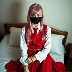 A young woman with long pink hair styled neatly, dressed in a long-sleeved white shirt, a long red skirt, a red tie, and a red vest
