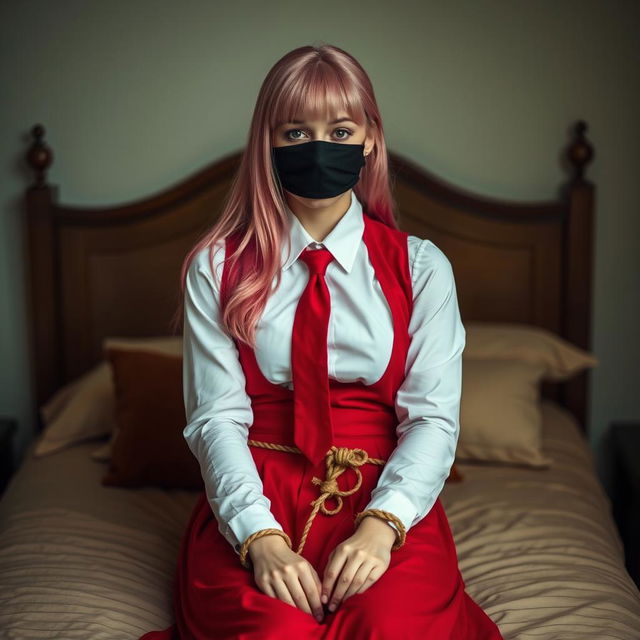 A young woman with long pink hair styled neatly, dressed in a long-sleeved white shirt, a long red skirt, a red tie, and a red vest