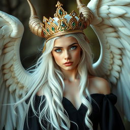 A young gorgeous goddess with flowing white hair and striking blue eyes, adorned with elegant horns on her head