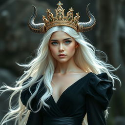 A young gorgeous goddess with flowing white hair and striking blue eyes, adorned with elegant horns on her head