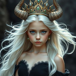 A young gorgeous goddess with flowing white hair and striking blue eyes, adorned with elegant horns on her head