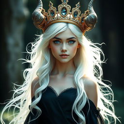A young gorgeous goddess with flowing white hair and striking blue eyes, adorned with elegant horns on her head