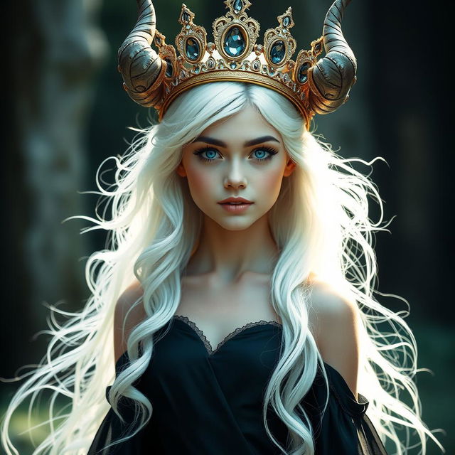 A young gorgeous goddess with flowing white hair and striking blue eyes, adorned with elegant horns on her head