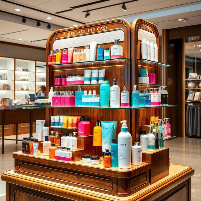 A beautifully arranged display stand showcasing a variety of products including cosmetics, skincare, and hair care items