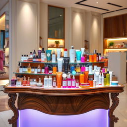 A beautifully arranged display stand showcasing a variety of products including cosmetics, skincare, and hair care items