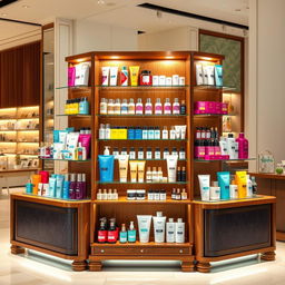 A beautifully arranged display stand showcasing a variety of products including cosmetics, skincare, and hair care items