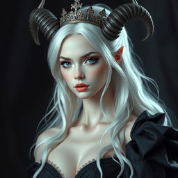 A stunning young goddess with white hair and striking blue eyes, adorned with elegant, curved horns