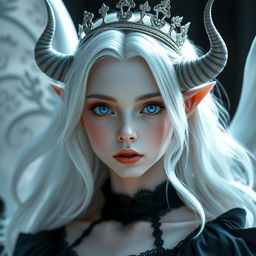 A stunning young goddess with white hair and striking blue eyes, adorned with elegant, curved horns