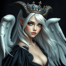 A stunning young goddess with white hair and striking blue eyes, adorned with elegant, curved horns