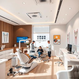 A modern dental clinic featuring stylish dental chairs, advanced dental equipment, and aesthetic decor