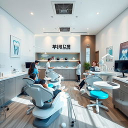 A modern dental clinic featuring stylish dental chairs, advanced dental equipment, and aesthetic decor