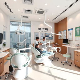 A modern dental clinic featuring stylish dental chairs, advanced dental equipment, and aesthetic decor