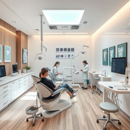 A modern dental clinic featuring stylish dental chairs, advanced dental equipment, and aesthetic decor