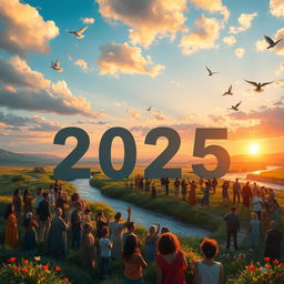 A serene and hopeful landscape symbolizing the year 2025 filled with peace, tranquility, and prosperity