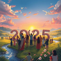 A serene and hopeful landscape symbolizing the year 2025 filled with peace, tranquility, and prosperity