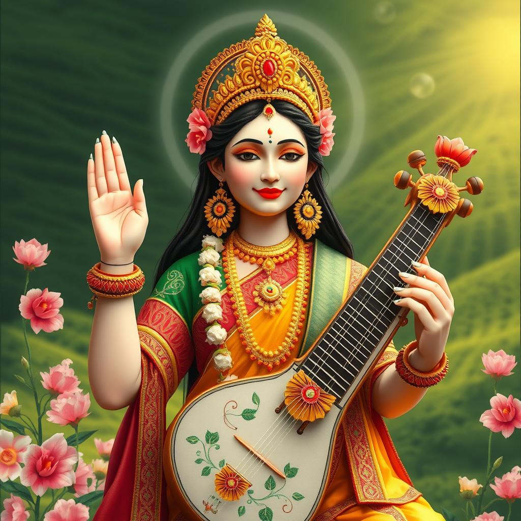 A beautiful depiction of Saraswati Murti, the goddess of knowledge and arts, wearing traditional Bangladeshi tribal attire