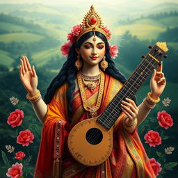 A beautiful depiction of Saraswati Murti, the goddess of knowledge and arts, wearing traditional Bangladeshi tribal attire