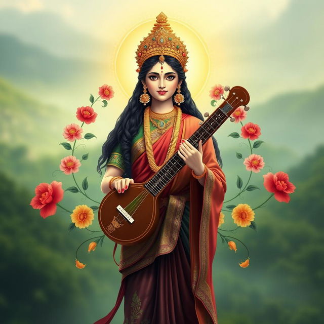 A beautiful depiction of Saraswati Murti, the goddess of knowledge and arts, wearing traditional Bangladeshi tribal attire