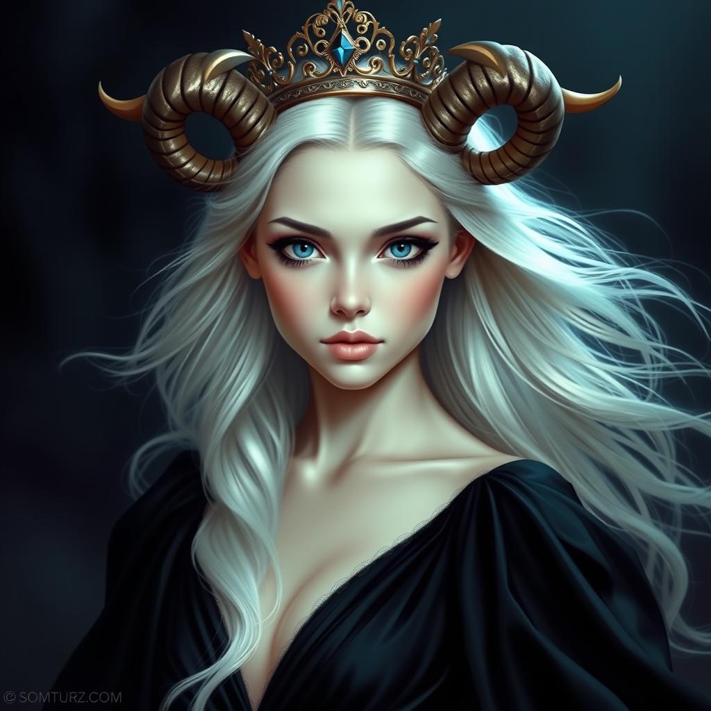 A realistic depiction of a stunning young goddess with flowing white hair and captivating blue eyes