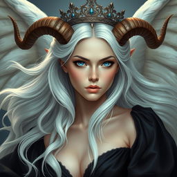 A realistic depiction of a stunning young goddess with flowing white hair and captivating blue eyes